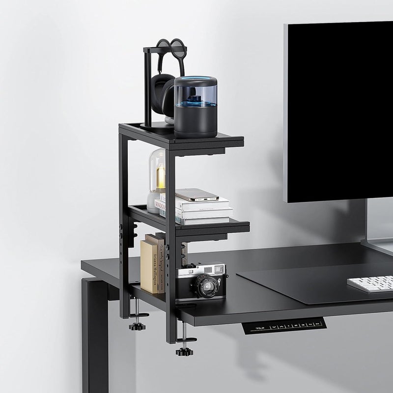 OUTIOE 2-Tier Desk Shelf, Expandable Under Desk Storage, Clamp on Desk Shelf, Desktop Accessories for Offices, Study Rooms, and Game Rooms (Black) - Image 4
